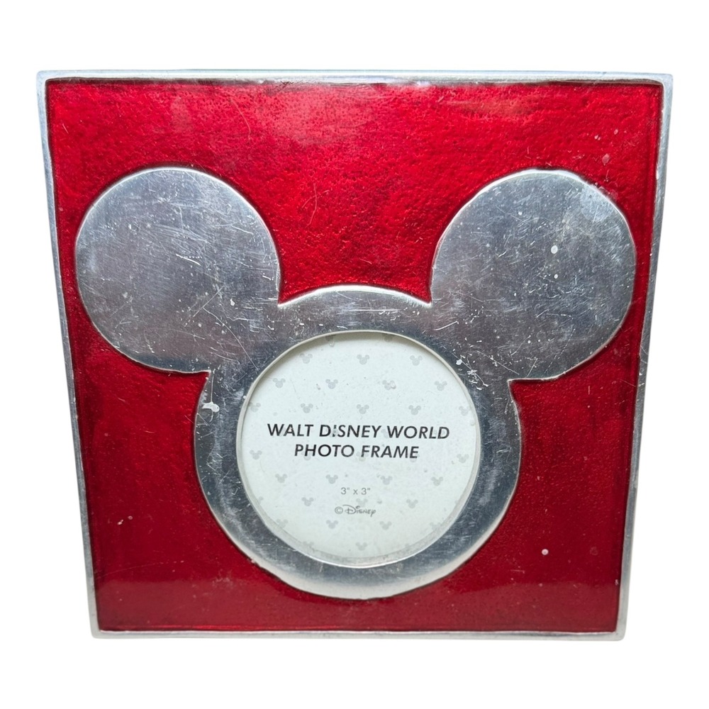 Disney Mickey Mouse Photo Frame Red Silver Metal Walt Disney World 3x3‎ Square